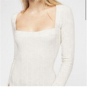 Free People Intimately Free Square Neck Long Sleeve Ribbed Bodysuit Cream XS